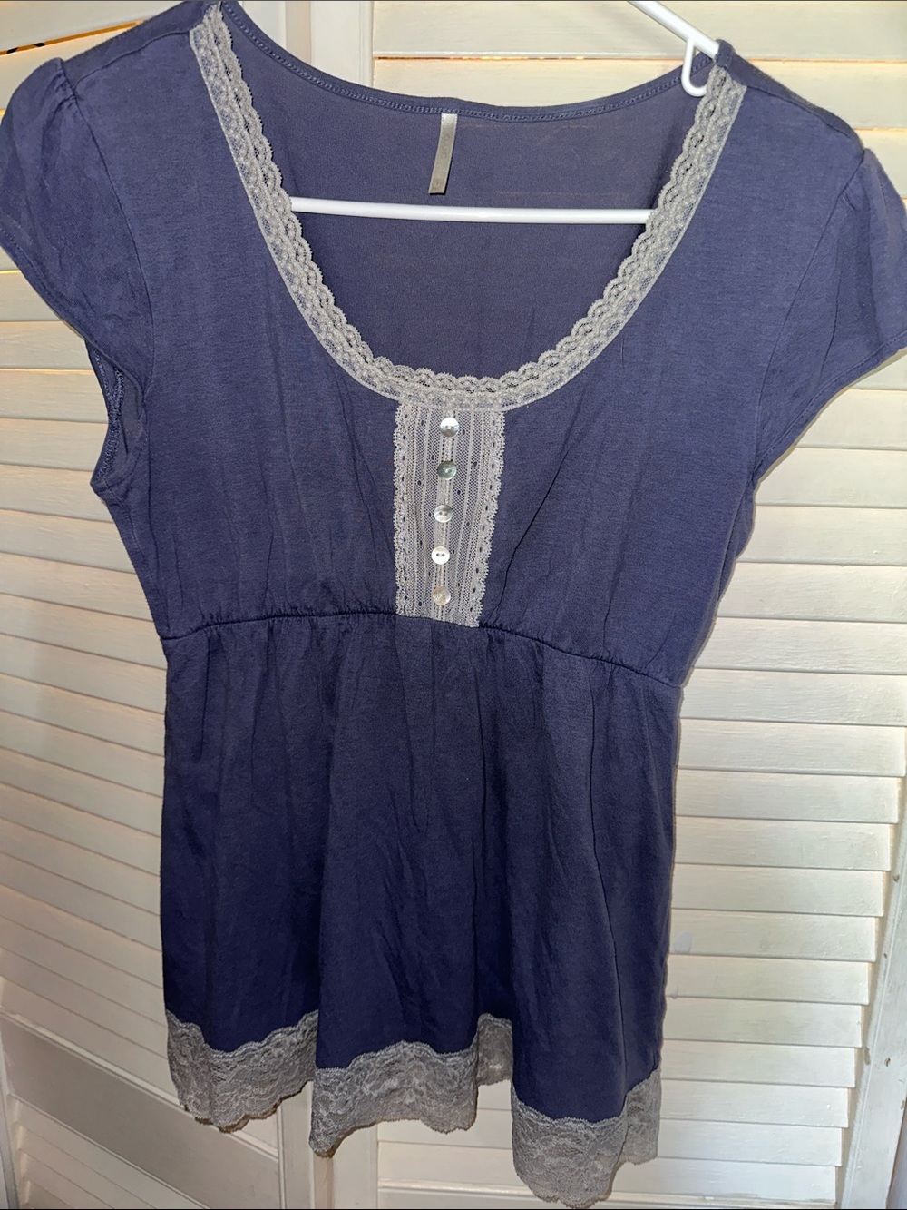 Lace-Trim Scoop Neck Pajama Tunic in Navy